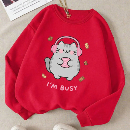 I'M Busy Cute Cat Prints Hoodies Womens Comfortable Sweatshirts 2025 Autumn and Winter Hoodie Warm Casual Women Clothes