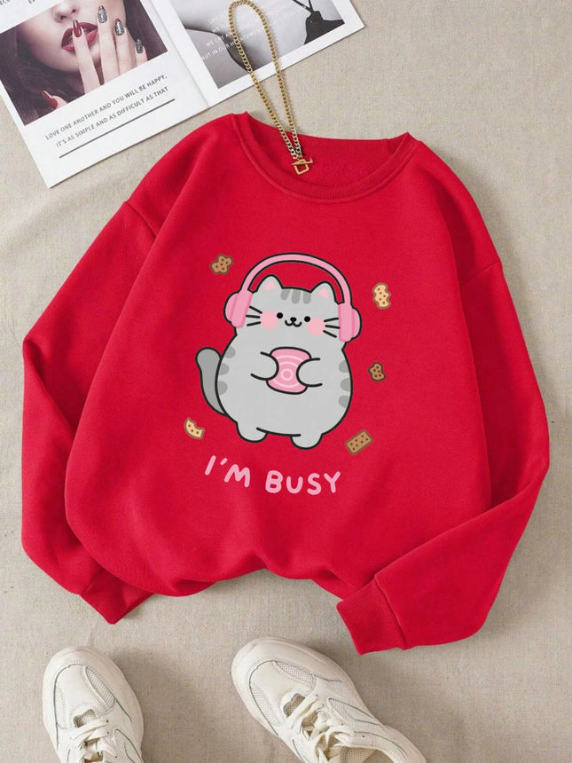 I'M Busy Cute Cat Prints Hoodies Womens Comfortable Sweatshirts 2025 Autumn and Winter Hoodie Warm Casual Women Clothes