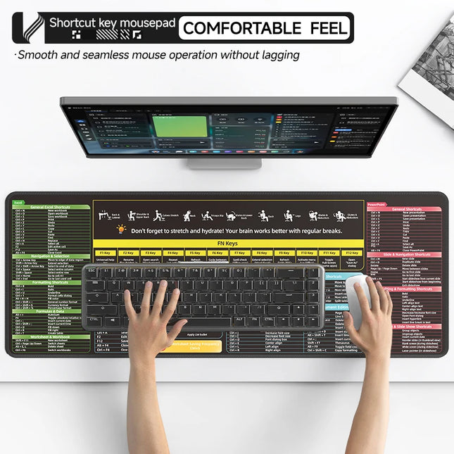 Excel Shortcut Keys Mouse Pad - Extended Large XL Cheat Sheet Gaming Mousepad Non-Slip  PC Office Spreadsheet Keyboard Mat