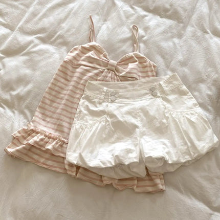 Deeptown Japanese Sweet Camis Women Kawaii Striped Pink Bow Sleeveless Vest Coquette Fashion Cute Summer Slim Up Ruffles Tanks