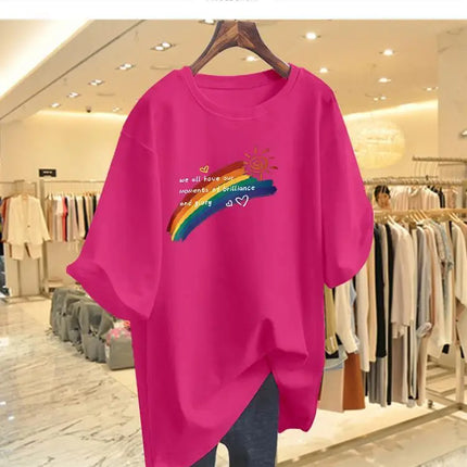 Women Clothing Fashion Hand-Painted Rainbow Print Tshirt Summer O-neck Short Sleeve 100 Cotton Basic Tee Loose Chic Top 45-105Kg