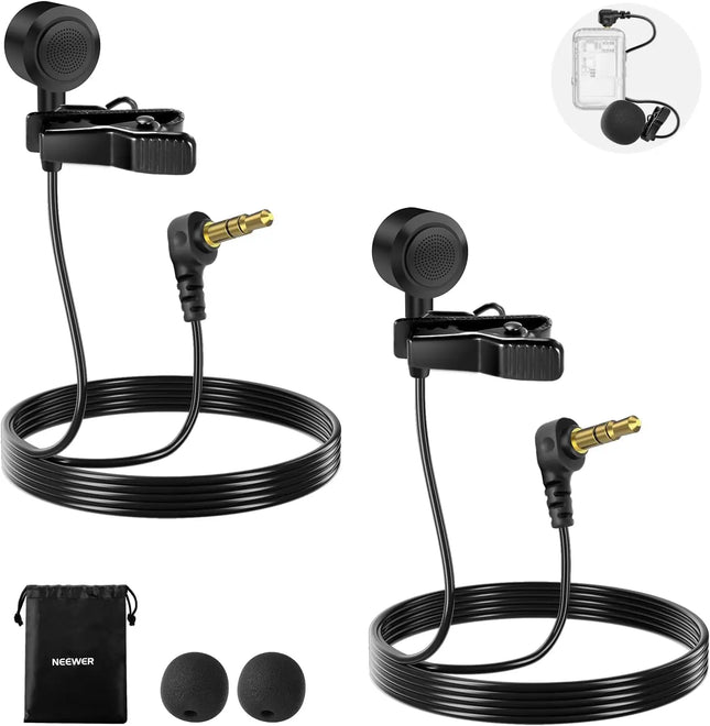 NEEWER ø9.7mm Lavalier Microphone (2 Pack), 3.5mm TRS Clip On Lapel Wired Omnidirectional Condenser Lav Mic with 1.5m Cable