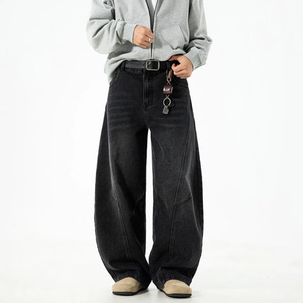 Autumn Retro Structured Split Washed Distressed Curved Jeans with Men's Silhouette Loose Straight Leg Pants Trendy Street Style