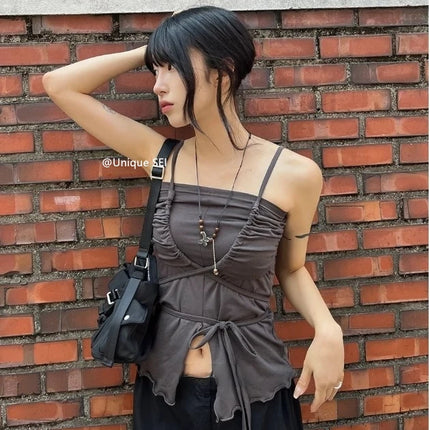 Korean Sle Unique Belted Design Slimming Versatile Split Front Strapl Top Women's Summer Faion Commute Straight Cut Vest
