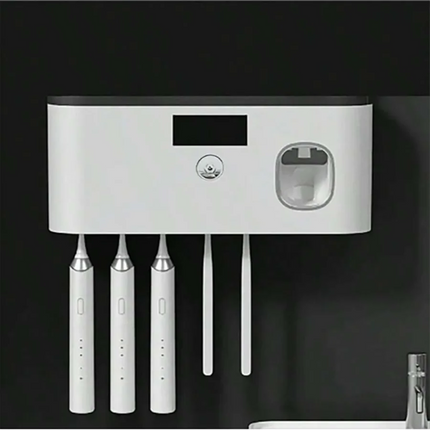 Wall-mounted Smart Toothbrush Sterilizer with 5 Slots, Integrated Toothpaste Dispenser, Bathroom Storage Rack and Organizer, Hom