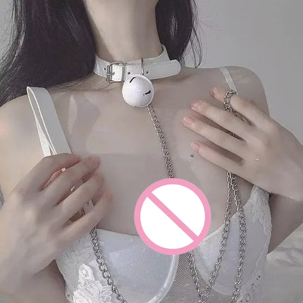 Women PU Leather Choker Collar With Metal Chain Bell Pendant And Traction Leash For Role Play Cosplay Party