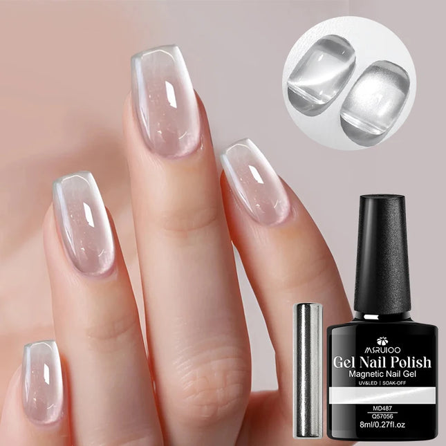 2pc Flow Light White Magnetic Gel Nail Polish Kit - 1pc Cat's Eye Nail Gel + 1pc Magnet Stick, UV LED Soak Off, Long Lasting