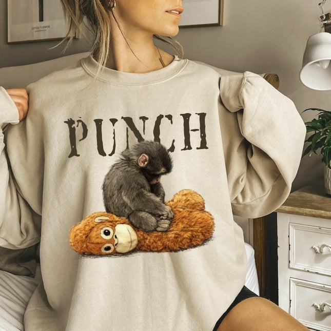 Punch Cozy Kawaii Autumn and Winter Sweatshirt Baby Monkey and Plush Toy Animal Lover Gift Cute Viral Matching Hoodies Pullover