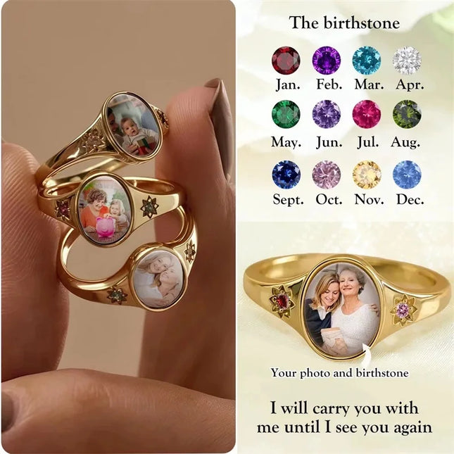 Custom Picture Rings Oval Photo Ring With 2 Birthstones Personalized Photo Memorial Anniversary Keepsake Rings for Women Mom
