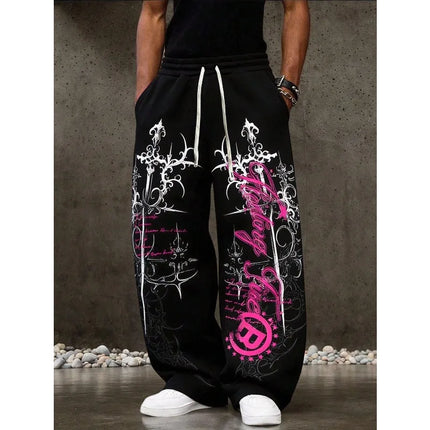 2026 Summer Men Women Y2K Gothic Angel Print Wide Leg Sports Pants Wear Hip-hop Casual Drawstring Pants Harajuku Street Style