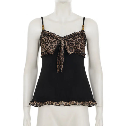 American Hotsweet Y2k Leopard Camisole Women Retro Streetwear E-girl 90s Dark Gothic Sexy Patchwork Lace-up Crop Tank Top Femme