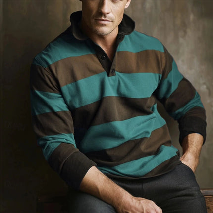 Casual Striped Graphic Polo Shirts For Men Simple Autumn Business 3D Printed Long Sleeve Golf Polo Loose Breathable Lapel Tops