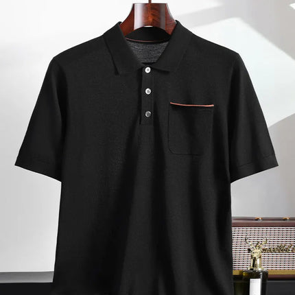 Spring and Summer New Polo Collar 100% Fine Wool Short Sleeve Men's Business Casual T-Shirt with Turn-down Collar and Pocket