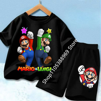 Super Marios Printed Kids Tracksuit Set Short Sleeve T Shirt & Loose Shorts 2PCS Casual Outfit For Boys And Girls Age 3-12