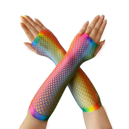 Fishing Net Glove Rainbow Glove Neon Party Punk Half Finger Glove Nightclub Sexy Net Eye Long Glove