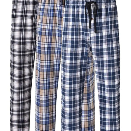 3Pcs Men's 100% Cotton Plaid Pajama Sleeping Pants, Long Plaid Print Sleepwear Pajama Pants with Elastic Waist Homewear