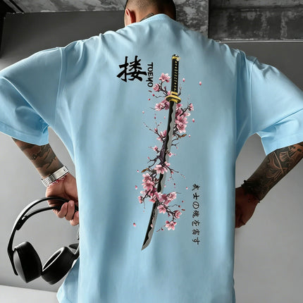 Summer Men's Japanese Samurai Sword Cherry Blossom Print T-Shirt 100% Cotton Round Neck Short Sleeve Breathable Loose Casual
