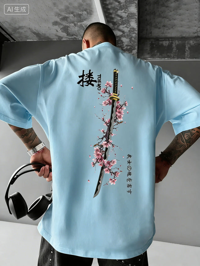 Summer Men's Japanese Samurai Sword Cherry Blossom Print T-Shirt 100% Cotton Round Neck Short Sleeve Breathable Loose Casual