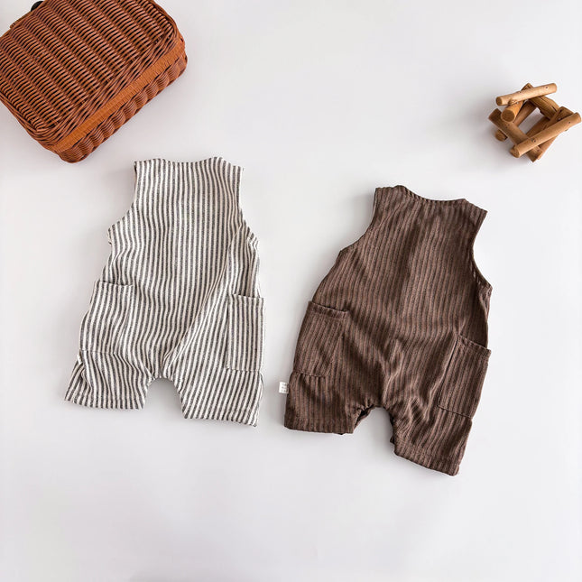 Summer Korean-style striped sleeveless jumpsuit for baby boys and girls, baby crew neck pocket jumpsuit, suitable for going out