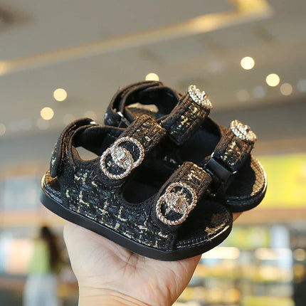 2025 Korean Style Sweet Style Sandals Summer Solid Color Girls Baby Sandals Open Toe Small PU Slipper Shoes Size 21-35