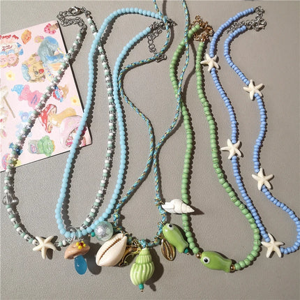 Cute Green Ceramic Fish Conch Shell Starfish Mushroom Pendant Bead Choker Neck Necklace For Women Summer Beach Vacation Jewelry