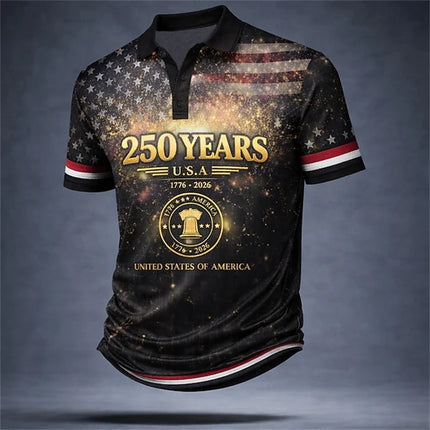 2026 New USA 250th Anniversary Celebration Men's Short-Sleeved Polo Shirt 3D Printed American Flag Pattern Vintage Men Polo