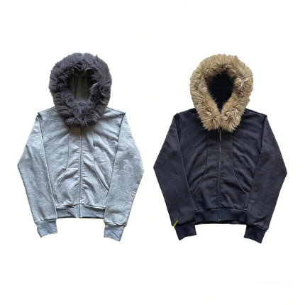 Faux Fur Trim Hooded Zip Up Jacket Men 2026 Black Oversized Y2K Streetwear