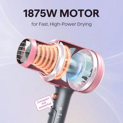 Ionic hair dryer for curly hair with diffuser, ceramic technology, 1875W fast drying, 3 attachments, light and quiet, rose gold