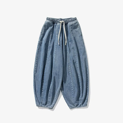New retro loose harem pants men's hip-hop denim wide leg pants men's solid color straight leg pants jeans elastic waist pants me