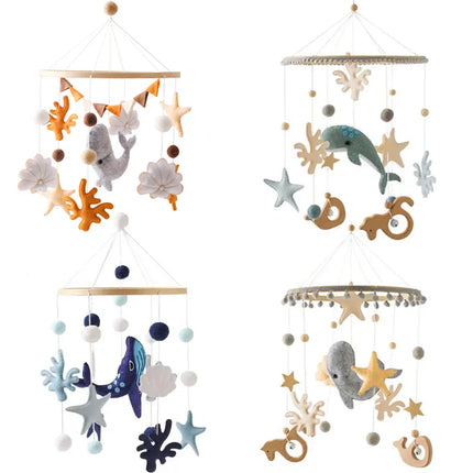 Blue Whale Baby Crib Mobile Newborn First Toy Non Woven Fabric Bamboo Ring Shape Cognition Auditory Development Nursery Decor