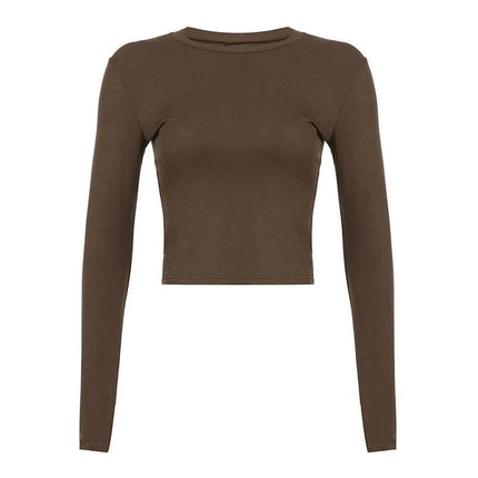 Women Casual Slim Fit Long Sleeve O-Neck T-shirts Tops Spring Fall Solid Color Tees with Thumb Holes Streetwear