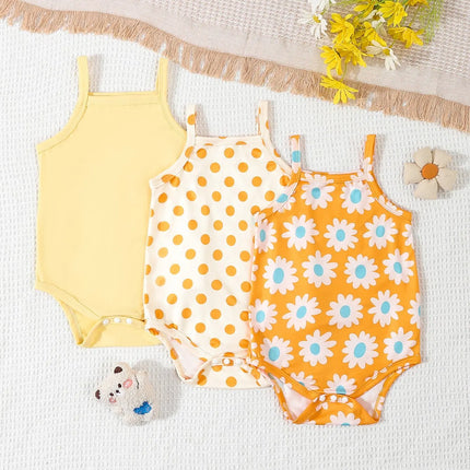 3Pairs/Lot Summer Baby Girl Newborn Baby Sling Onesie 3 Pieces Cute Polka Dot Flower Pattern Cool Breathable Comfortable Onesie