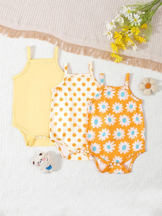 3 Pairs/Lot Summer Newborn Baby Girl Sling Onesie 3 Pieces Cute Polka Dot Flower Pattern Cool Breathable Comfortable Onesie