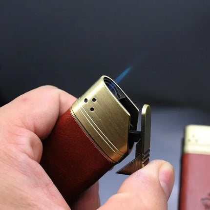 Refillable Butane Gas Lighter with Leather Cover Metal Windproof Turbo Torch Lighters Outdoor Portable Cigar Lighter Men's Gifts