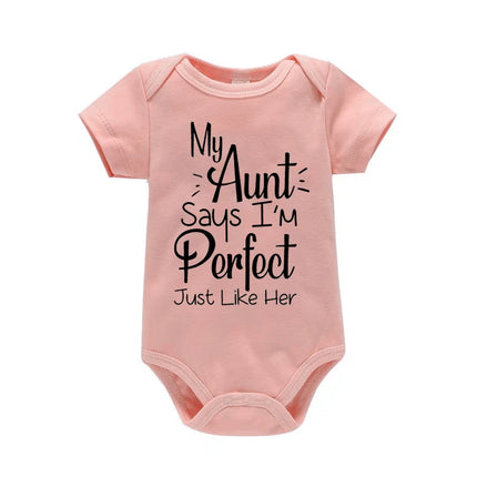 "My Aunt Says I'm Perfect Just Like Her" Funny Letter Printed Newborn Infant Baby Girl Clothes Short Sleeve Jumpsuit Outfits