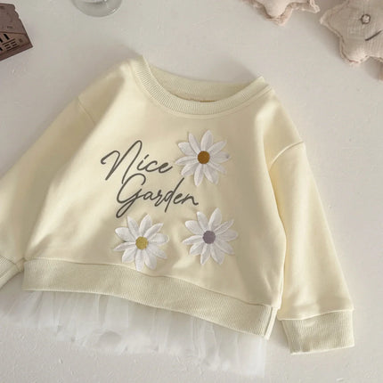 Autumn Toddler Baby Girls Outfit Printed Embroidery Lace Hem Round Neck Sweatshirt Solid Elastic Waist Pants Spring Clothes
