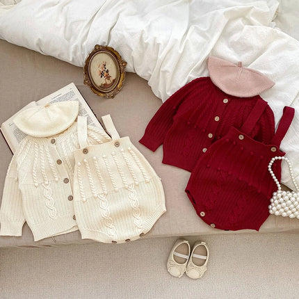 Autumn Spring Korean Style Children Knitted Clothing Suit Long Sleeved Solid Color Cardigan+Jumpsuit Infant Baby Clothes Set