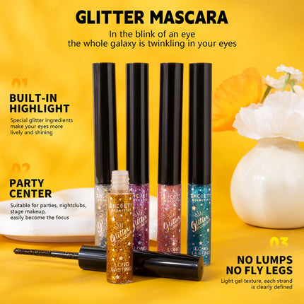 5colors Shining Diamond Mascara Waterproof Glitter 3D Volume Eyelashes Quick Dry Sequins Lashes Festival Party Makeup 5ml
