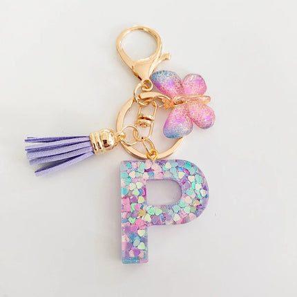 Fashion Butterfly Fringe Initial Keychain Drop Glue Blend Sequin A-Z26 Letter Keychain Cute Ladies Student Bag Accessory Gift