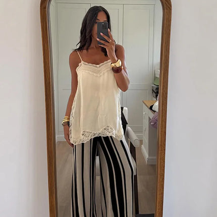Women Lace Patchwork Sling Top Sexy V-neck Sleeveless Side Split Solid Color Vest 2025 New Summer Lady Party Vacation Tops