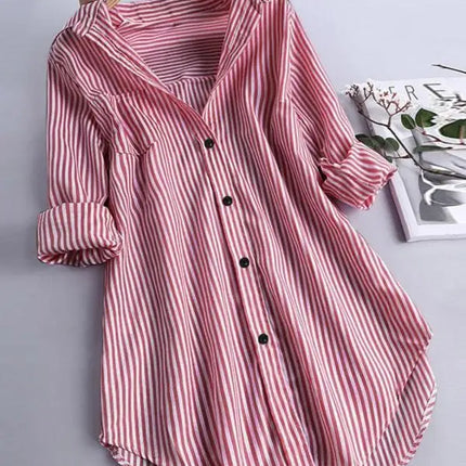 Plus Size Women's Fashion Striped Lapel Single Breasted Blouse Shirt Autumn Spring Ladies Casual Loose Long Sleeve Button Shirt