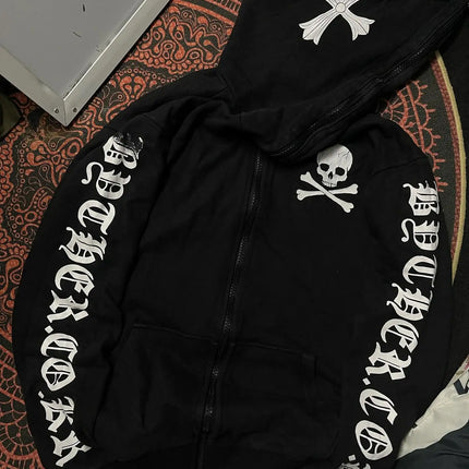 New Retro Oversized Printed Fur Collar Jacket Gothic Streetwear Skull Hoodie Y2K Women Hip Hop Harajuku Winter Hooded Sweatshirt