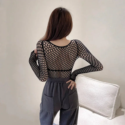 FY108 Sexy Black Fishnet Mesh See Through Women Skinny Goth Hollow Out Long Sleeve Shirts Crop Top T-Shirt Streetwear Gothic