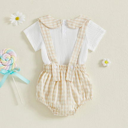 Pudcoco Baby Boys Shorts Set Doll Collar Romper with Plaid Suspender Shorts Summer Outfit 0-18M