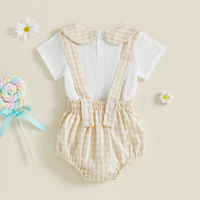Pudcoco Baby Boys Shorts Set Doll Collar Romper with Plaid Suspender Shorts Summer Outfit 0-18M