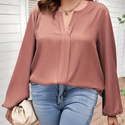 Plus Size Women's Mauve Satin Long Sleeve Blouse V-Neck Loose Fit Lantern Sleeve Casual Office Top 2025