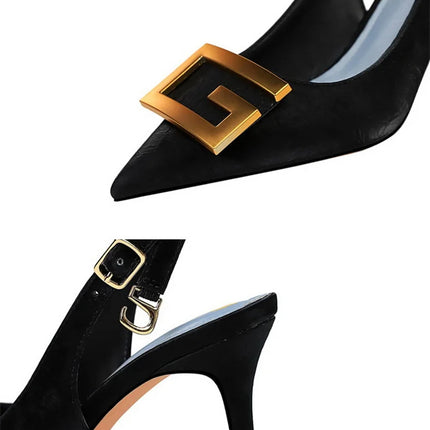 2024 Autumn Women Soft Leather Slingback Shoes Thin High Heels Office Dress Fashion Hollow Pointy Toe Gentle Sandals 8999-5