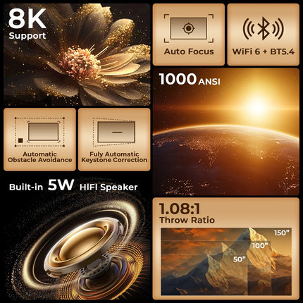 8K Support X7 AI Smart Projector with Android 14 OS, UHD 1080P 1000 ANSI Built-in Apps, Auto Focus&Keystone, Home Outdoor Beamer