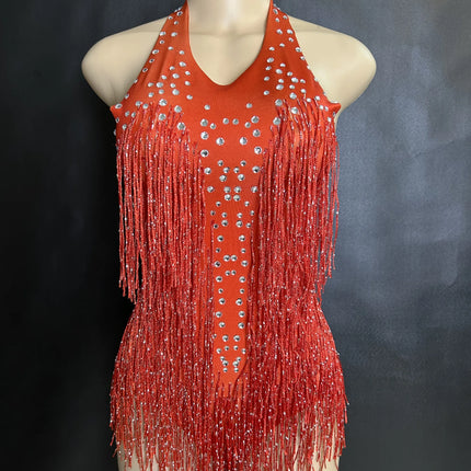 Sparkly Rhinestones Fringe Bodysuit Women Nightclub Party Dance Costume Stage Wear Sexy Tassel Leotard Performance Clothing 7G