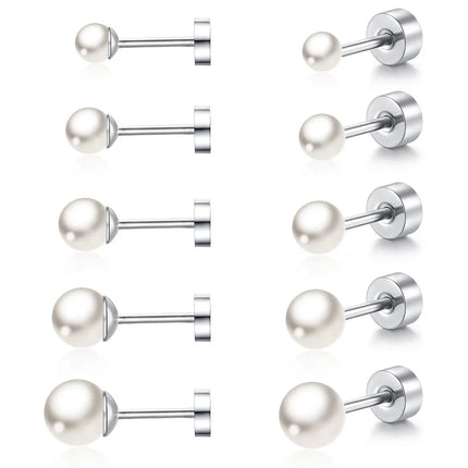 2pcs Simple Imitation Pearl Stud Earrings For Women Girls Stainless Steel Screw Back Pierced Studs Jewelry Gifts